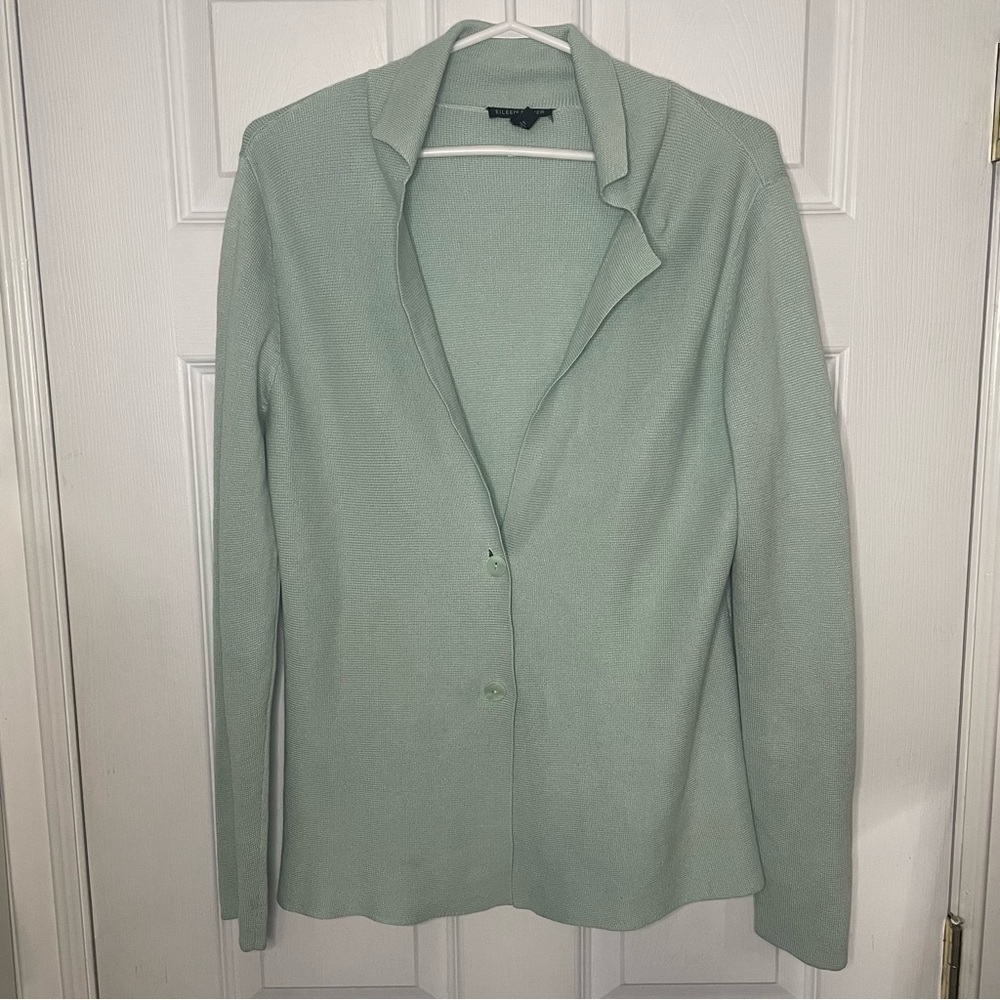 EILEEN Fisher Silk and Cotton Seafoam Blue Green Cardigan Sweater Small